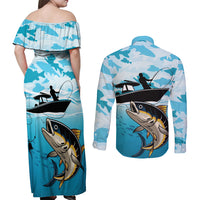 Tuna Fishing Couples Matching Off Shoulder Maxi Dress and Long Sleeve Button Shirt Fish Camouflage Pattern - Wonder Print Shop