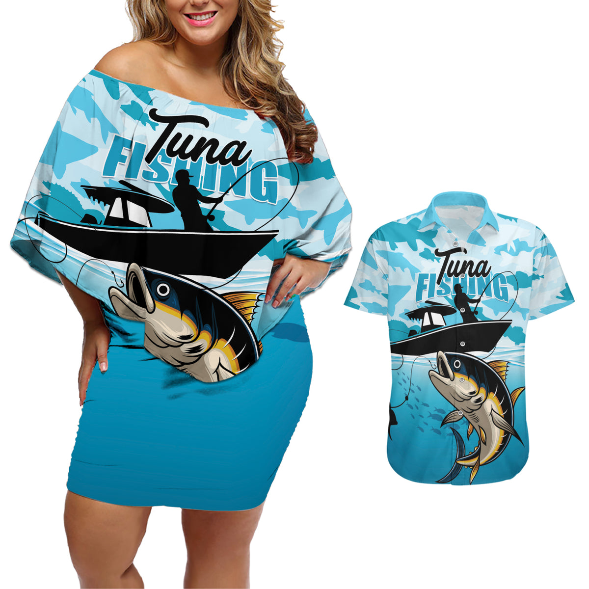 Tuna Fishing Couples Matching Off Shoulder Short Dress and Hawaiian Shirt Fish Camouflage Pattern - Wonder Print Shop