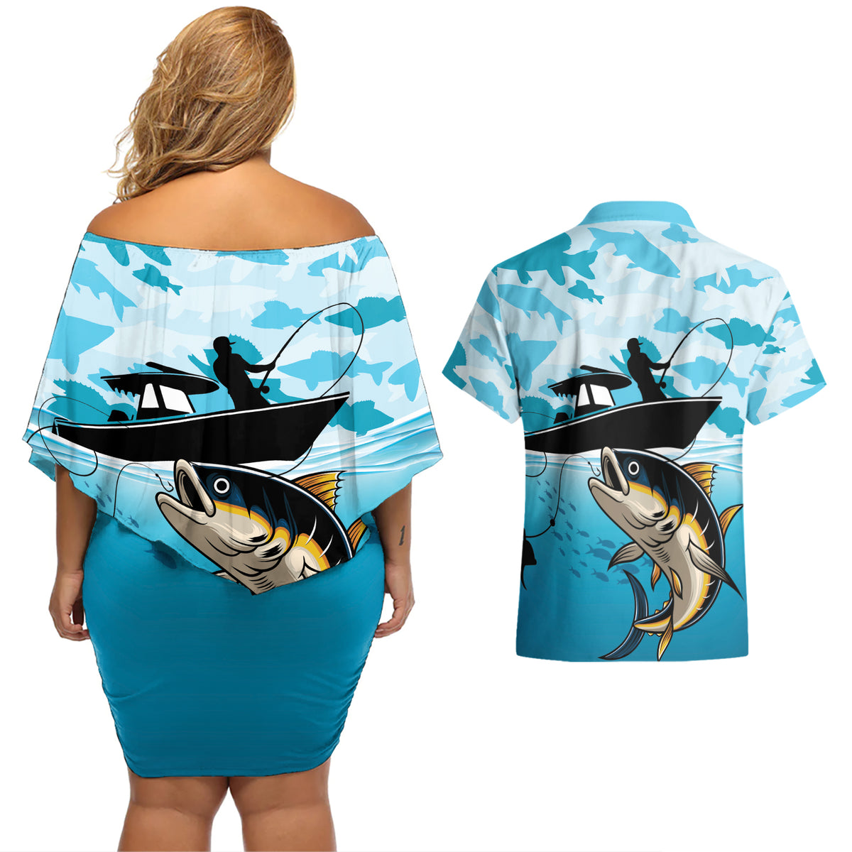 Tuna Fishing Couples Matching Off Shoulder Short Dress and Hawaiian Shirt Fish Camouflage Pattern - Wonder Print Shop
