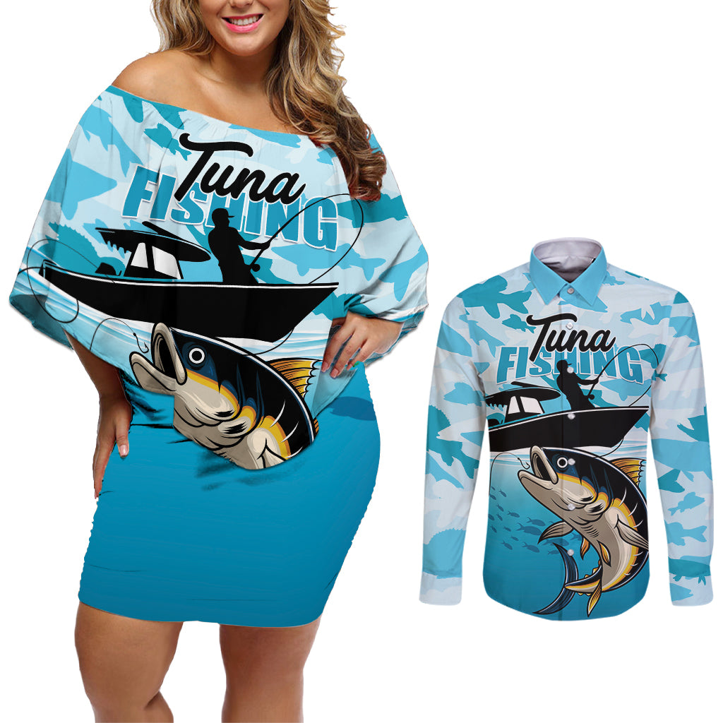 Tuna Fishing Couples Matching Off Shoulder Short Dress and Long Sleeve Button Shirt Fish Camouflage Pattern - Wonder Print Shop