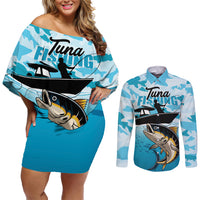 Tuna Fishing Couples Matching Off Shoulder Short Dress and Long Sleeve Button Shirt Fish Camouflage Pattern - Wonder Print Shop