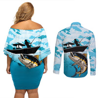 Tuna Fishing Couples Matching Off Shoulder Short Dress and Long Sleeve Button Shirt Fish Camouflage Pattern - Wonder Print Shop