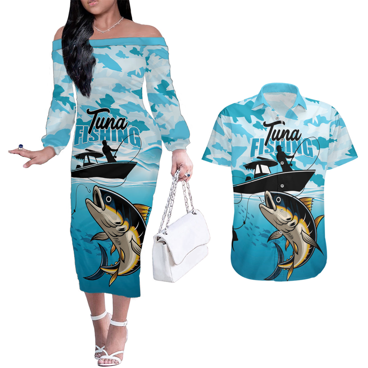 Tuna Fishing Couples Matching Off The Shoulder Long Sleeve Dress and Hawaiian Shirt Fish Camouflage Pattern - Wonder Print Shop