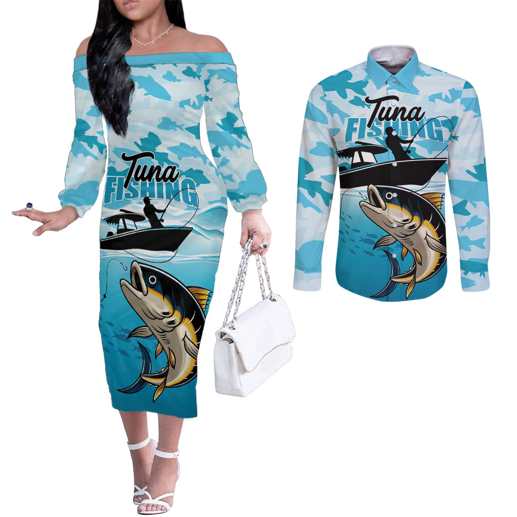 Tuna Fishing Couples Matching Off The Shoulder Long Sleeve Dress and Long Sleeve Button Shirt Fish Camouflage Pattern