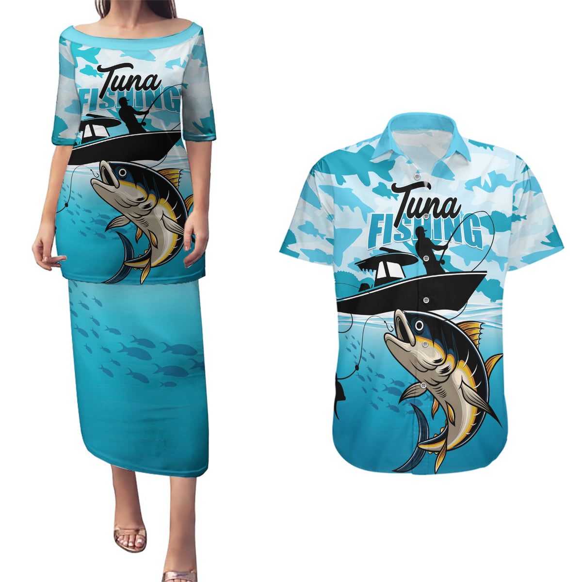 Tuna Fishing Couples Matching Puletasi and Hawaiian Shirt Fish Camouflage Pattern - Wonder Print Shop