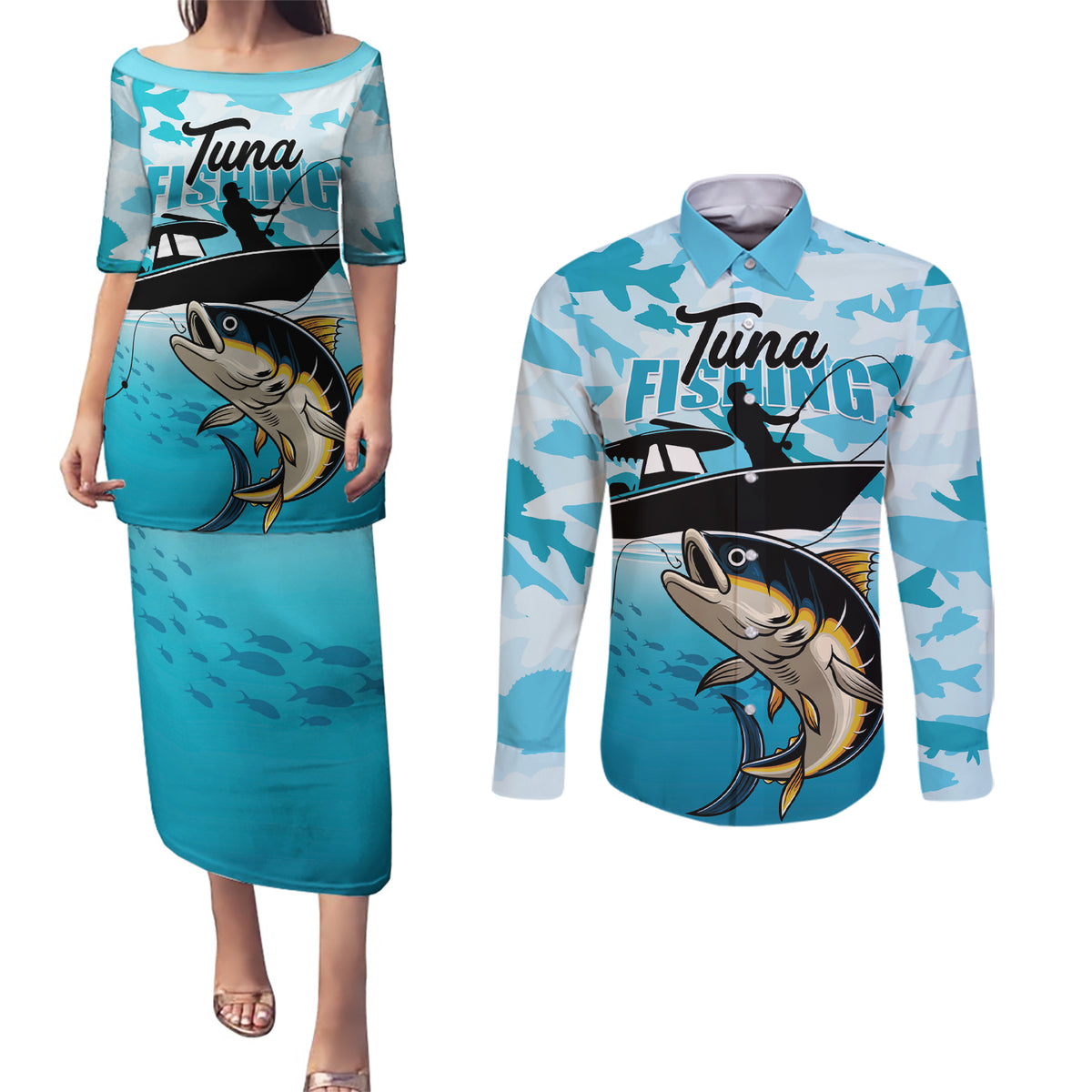 Tuna Fishing Couples Matching Puletasi and Long Sleeve Button Shirt Fish Camouflage Pattern - Wonder Print Shop