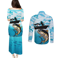 Tuna Fishing Couples Matching Puletasi and Long Sleeve Button Shirt Fish Camouflage Pattern - Wonder Print Shop