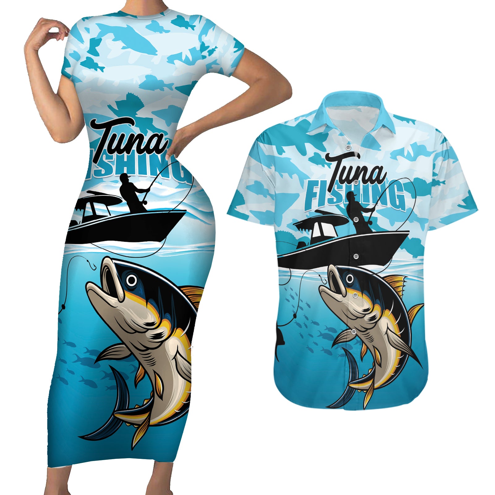 Tuna Fishing Couples Matching Short Sleeve Bodycon Dress and Hawaiian Shirt Fish Camouflage Pattern - Wonder Print Shop