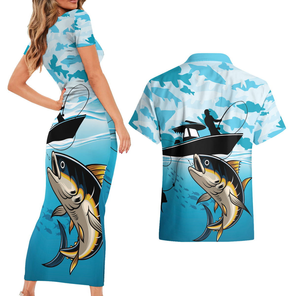 Tuna Fishing Couples Matching Short Sleeve Bodycon Dress and Hawaiian Shirt Fish Camouflage Pattern - Wonder Print Shop