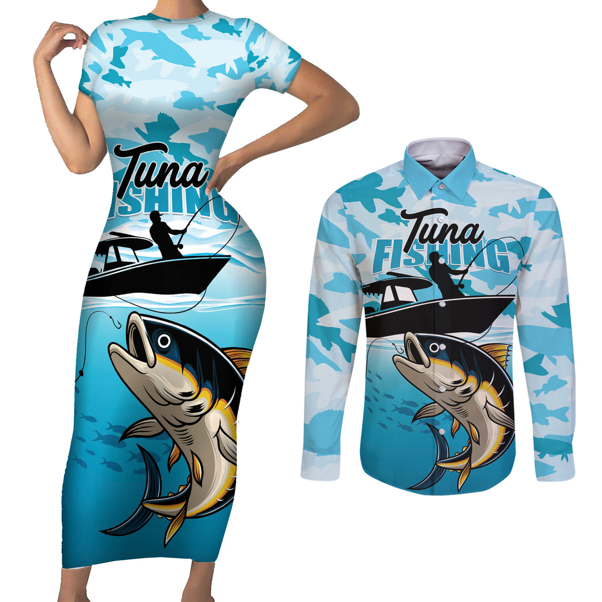 Tuna Fishing Couples Matching Short Sleeve Bodycon Dress and Long Sleeve Button Shirt Fish Camouflage Pattern - Wonder Print Shop