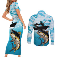 Tuna Fishing Couples Matching Short Sleeve Bodycon Dress and Long Sleeve Button Shirt Fish Camouflage Pattern - Wonder Print Shop