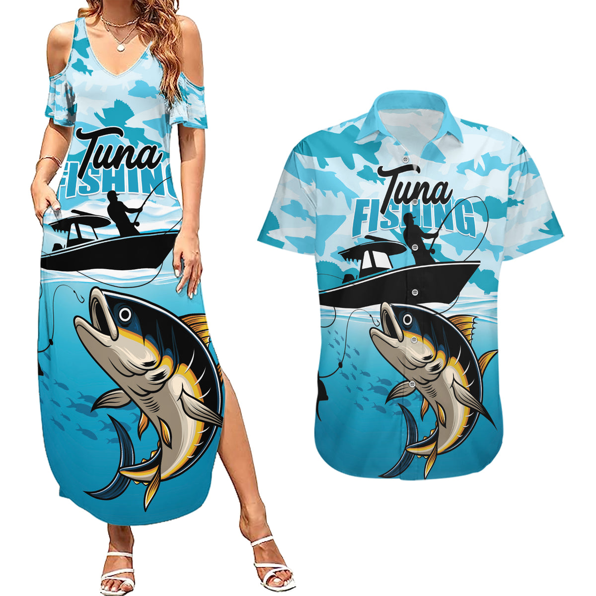 Tuna Fishing Couples Matching Summer Maxi Dress and Hawaiian Shirt Fish Camouflage Pattern - Wonder Print Shop