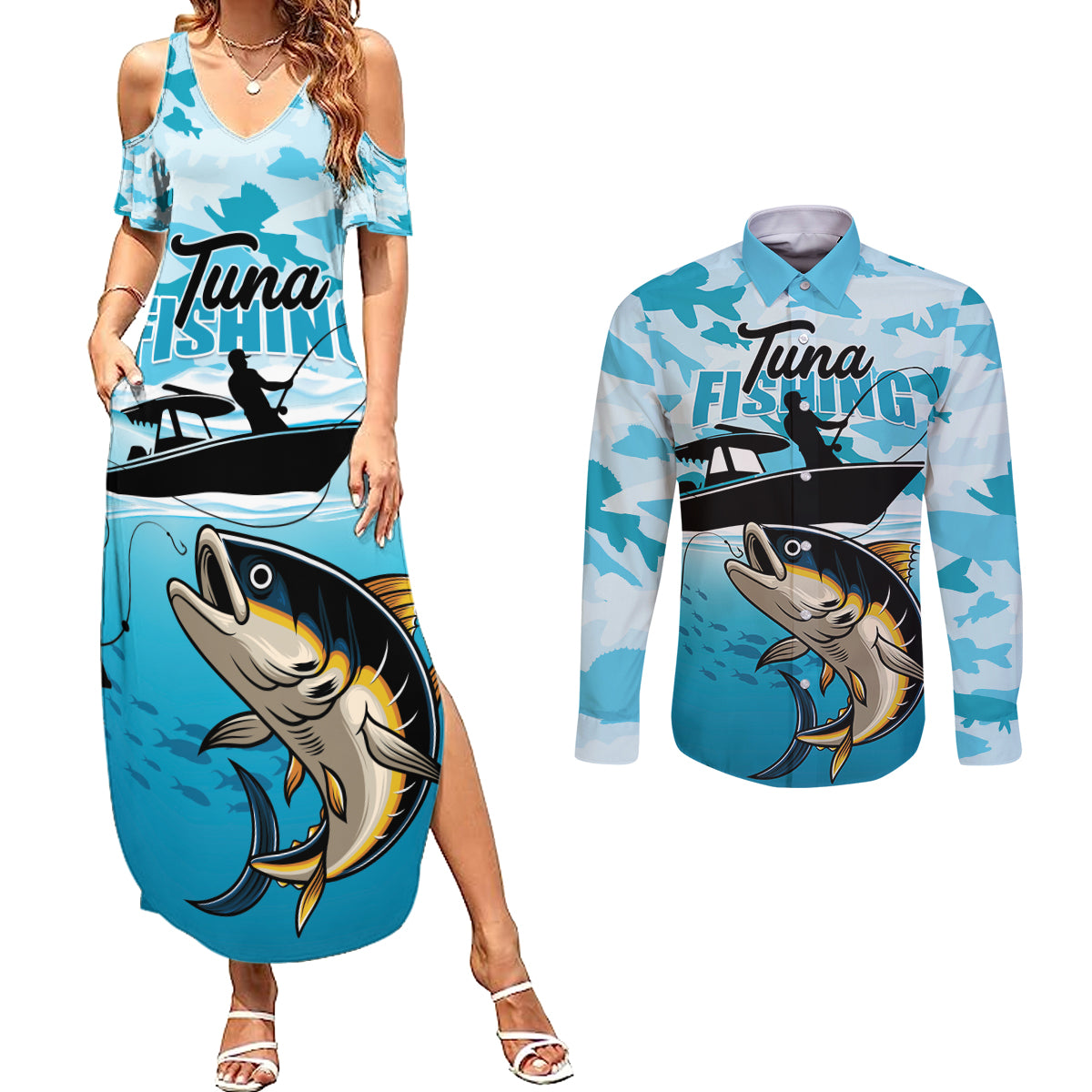 Tuna Fishing Couples Matching Summer Maxi Dress and Long Sleeve Button Shirt Fish Camouflage Pattern - Wonder Print Shop
