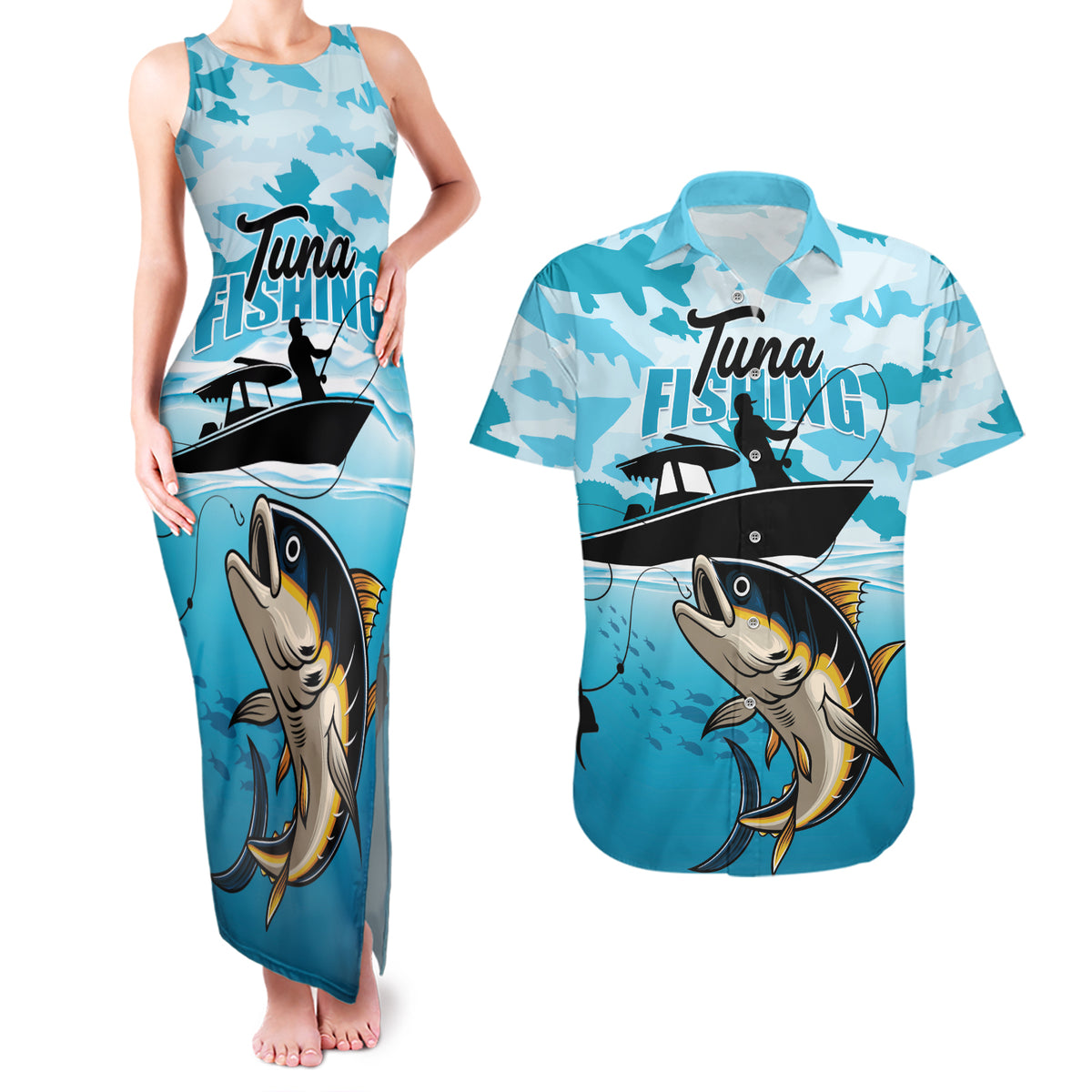 Tuna Fishing Couples Matching Tank Maxi Dress and Hawaiian Shirt Fish Camouflage Pattern - Wonder Print Shop