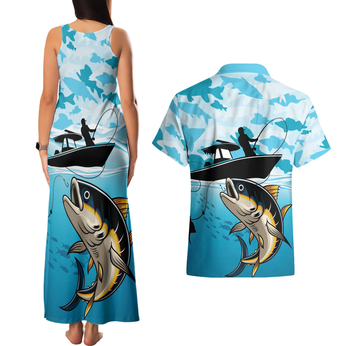 Tuna Fishing Couples Matching Tank Maxi Dress and Hawaiian Shirt Fish Camouflage Pattern - Wonder Print Shop
