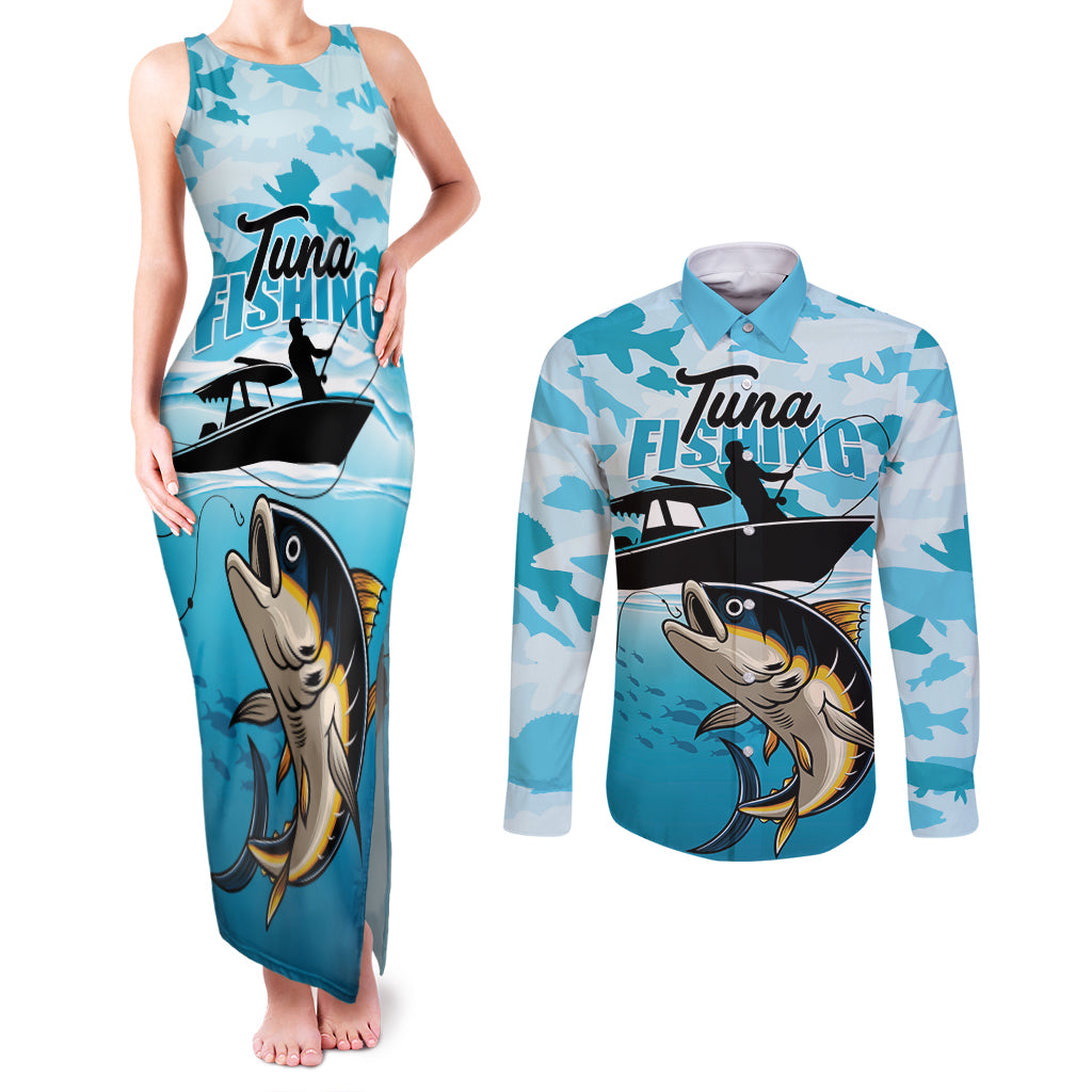 Tuna Fishing Couples Matching Tank Maxi Dress and Long Sleeve Button Shirt Fish Camouflage Pattern - Wonder Print Shop