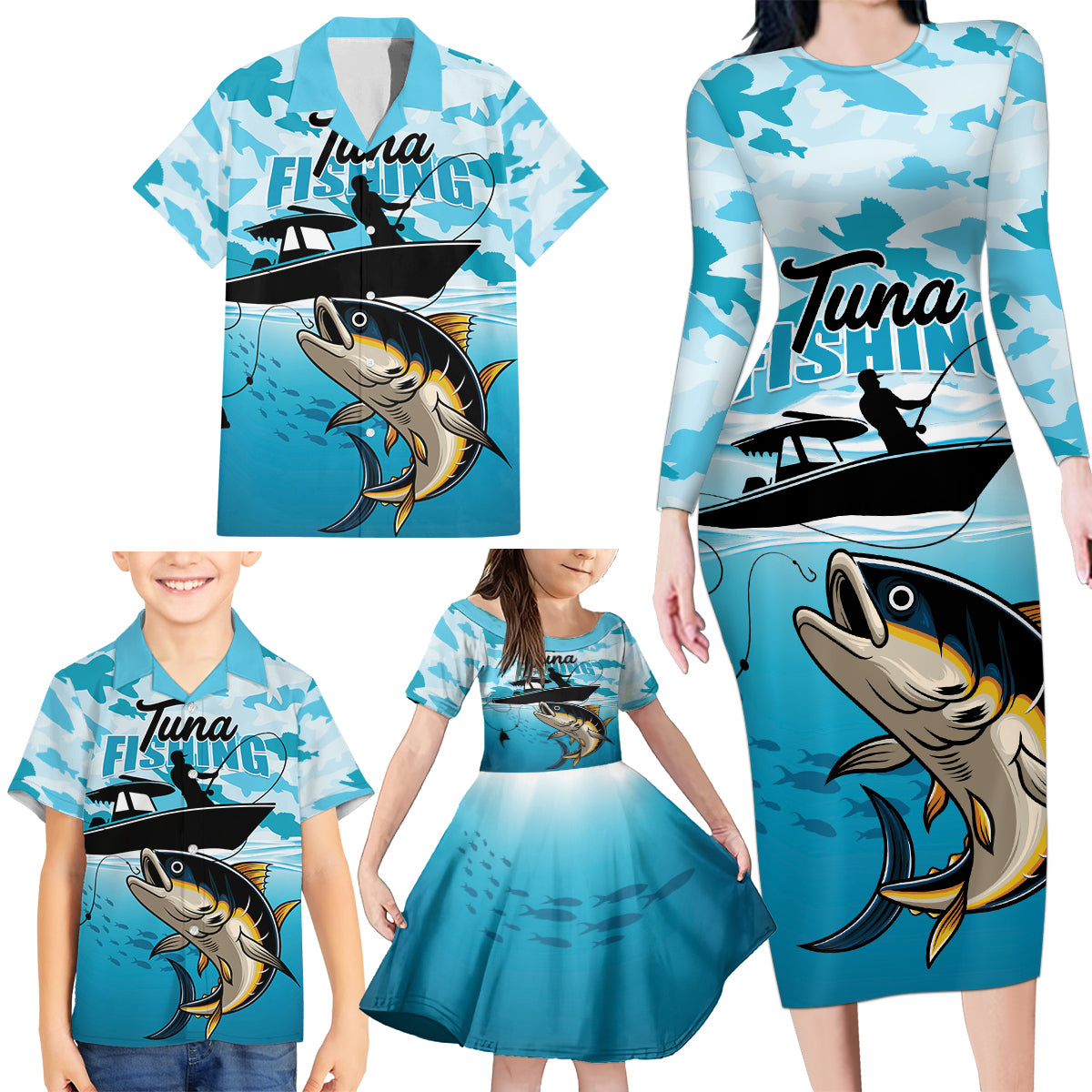 Tuna Fishing Family Matching Long Sleeve Bodycon Dress and Hawaiian Shirt Fish Camouflage Pattern - Wonder Print Shop
