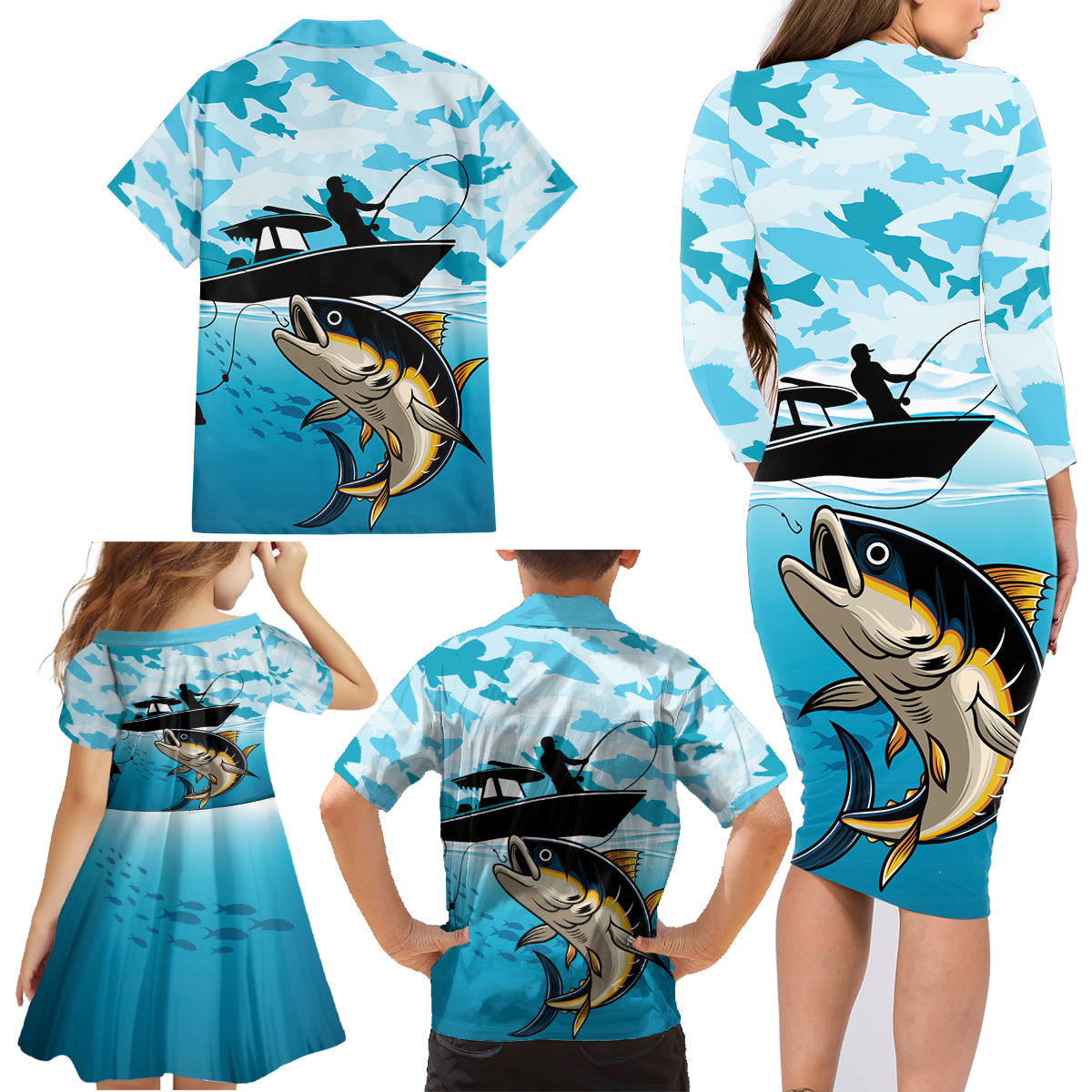 Tuna Fishing Family Matching Long Sleeve Bodycon Dress and Hawaiian Shirt Fish Camouflage Pattern - Wonder Print Shop