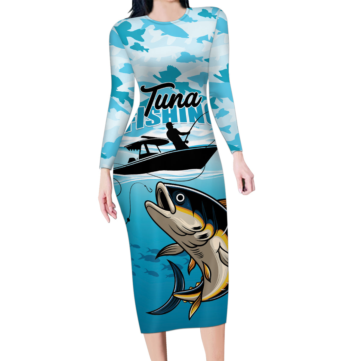 Tuna Fishing Family Matching Long Sleeve Bodycon Dress and Hawaiian Shirt Fish Camouflage Pattern - Wonder Print Shop