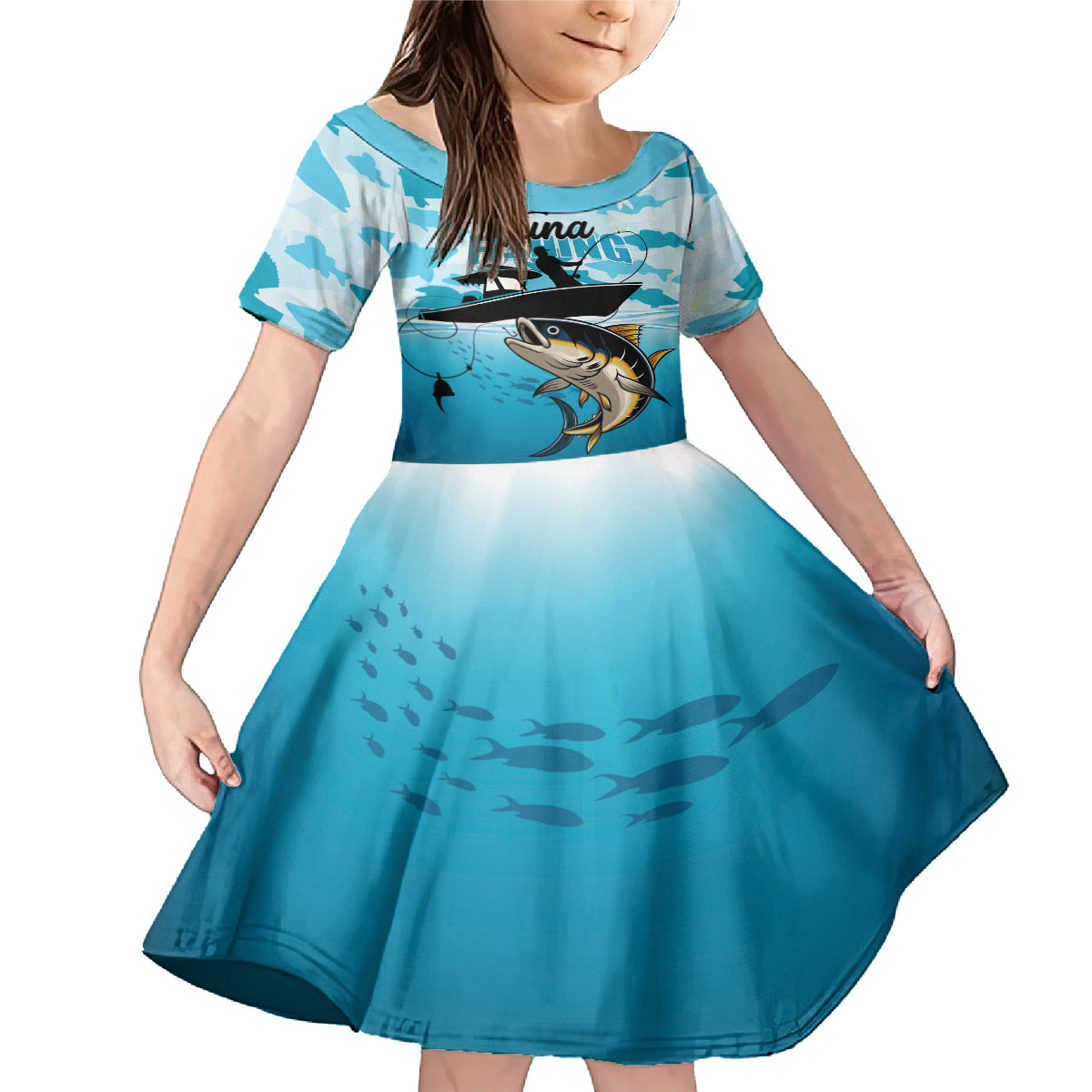 Tuna Fishing Family Matching Mermaid Dress and Hawaiian Shirt Fish Camouflage Pattern - Wonder Print Shop
