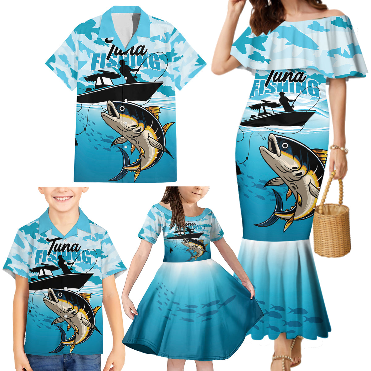 Tuna Fishing Family Matching Mermaid Dress and Hawaiian Shirt Fish Camouflage Pattern - Wonder Print Shop