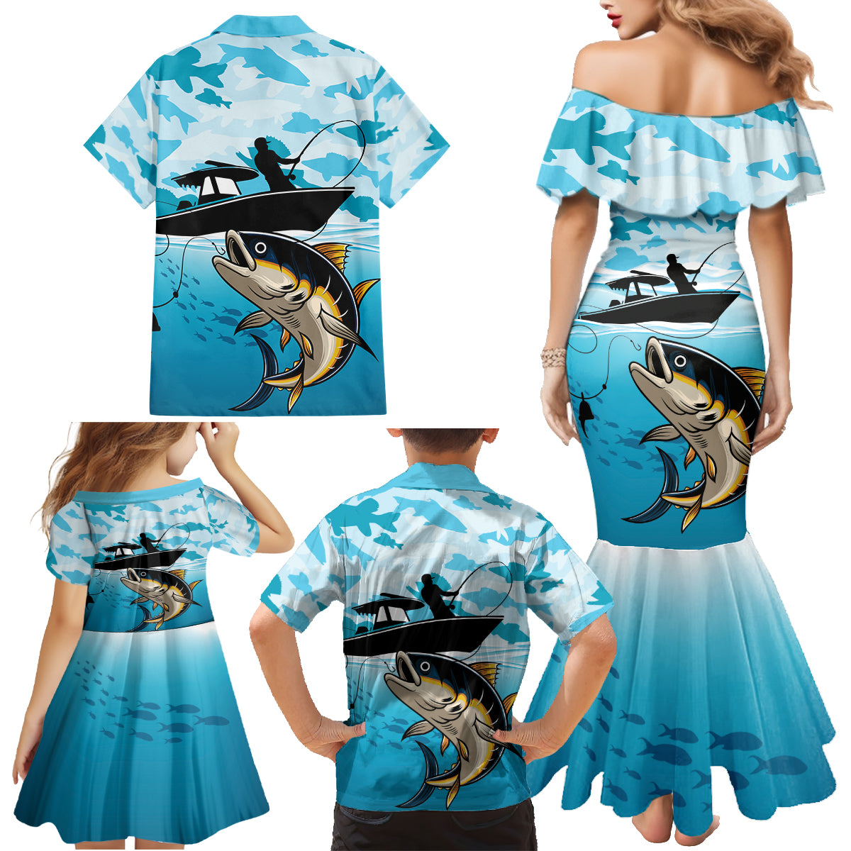 Tuna Fishing Family Matching Mermaid Dress and Hawaiian Shirt Fish Camouflage Pattern - Wonder Print Shop