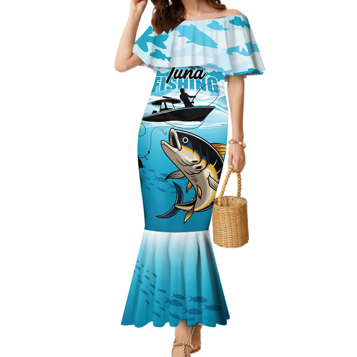 Tuna Fishing Family Matching Mermaid Dress and Hawaiian Shirt Fish Camouflage Pattern - Wonder Print Shop