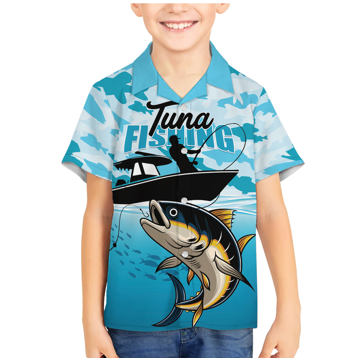 Tuna Fishing Family Matching Mermaid Dress and Hawaiian Shirt Fish Camouflage Pattern - Wonder Print Shop