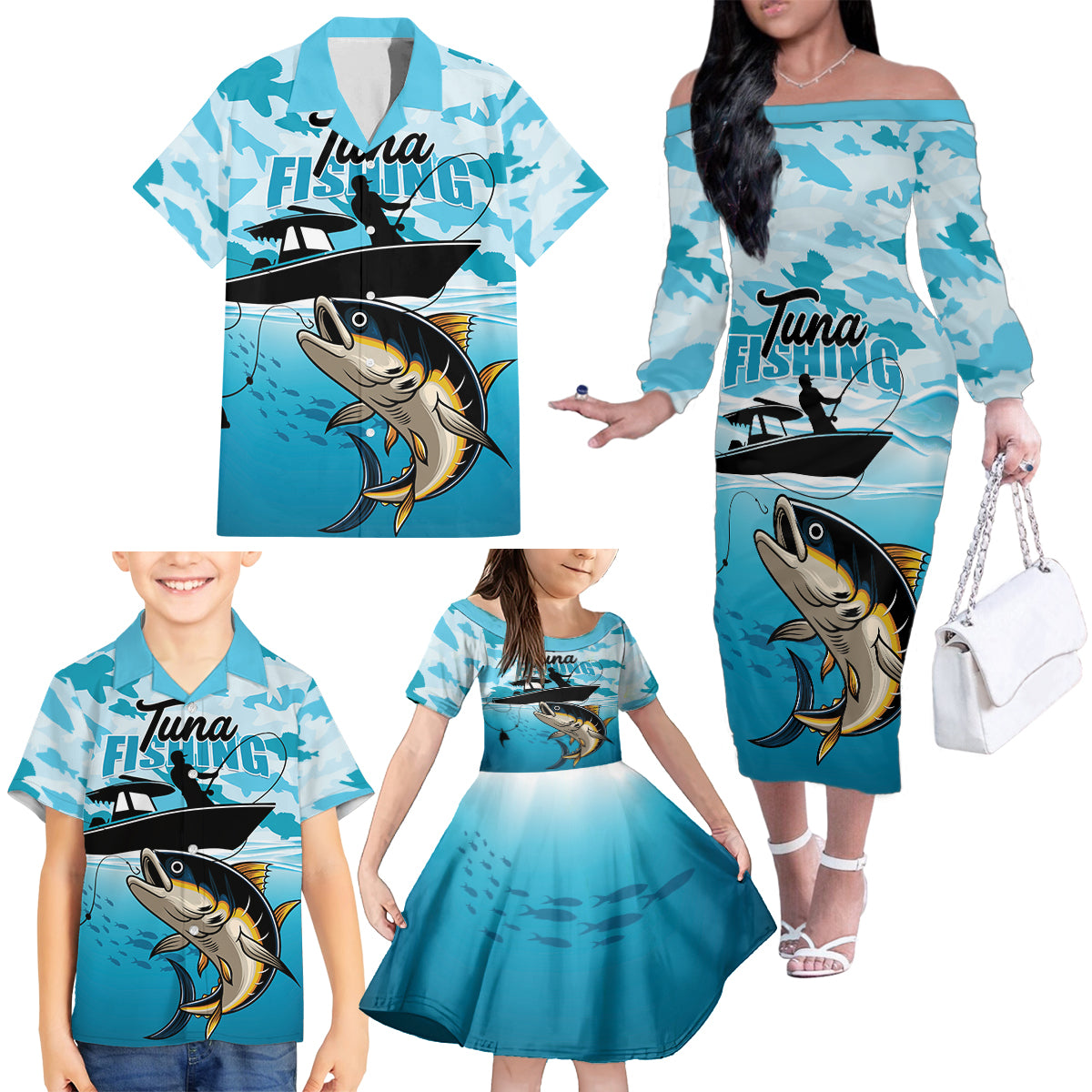 Tuna Fishing Family Matching Off The Shoulder Long Sleeve Dress and Hawaiian Shirt Fish Camouflage Pattern - Wonder Print Shop