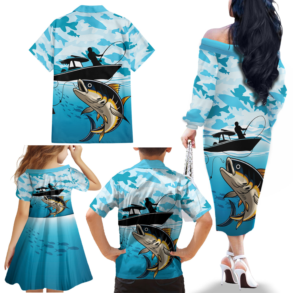 Tuna Fishing Family Matching Off The Shoulder Long Sleeve Dress and Hawaiian Shirt Fish Camouflage Pattern - Wonder Print Shop