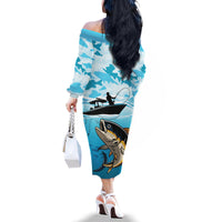 Tuna Fishing Family Matching Off The Shoulder Long Sleeve Dress and Hawaiian Shirt Fish Camouflage Pattern - Wonder Print Shop