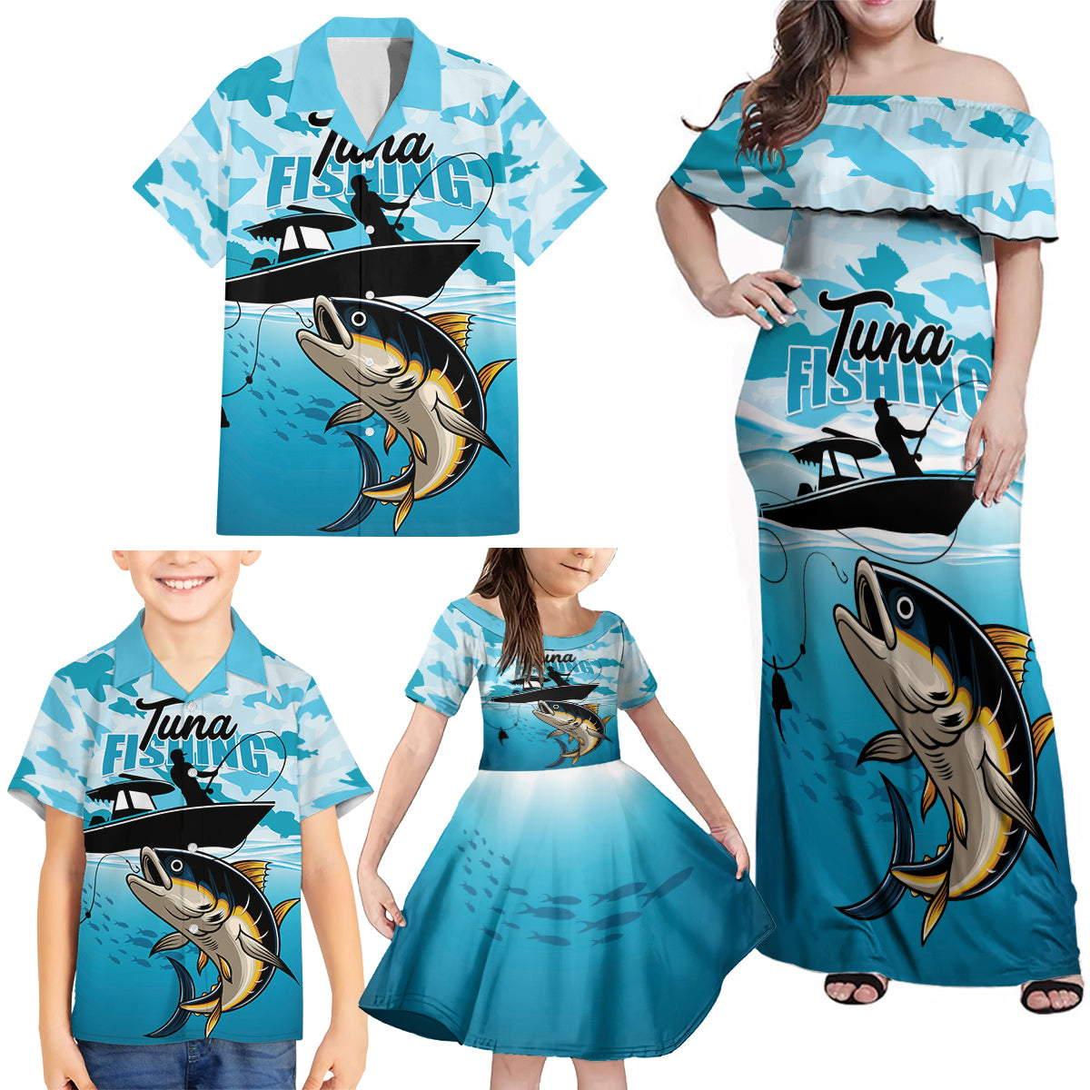 Tuna Fishing Family Matching Off Shoulder Maxi Dress and Hawaiian Shirt Fish Camouflage Pattern - Wonder Print Shop