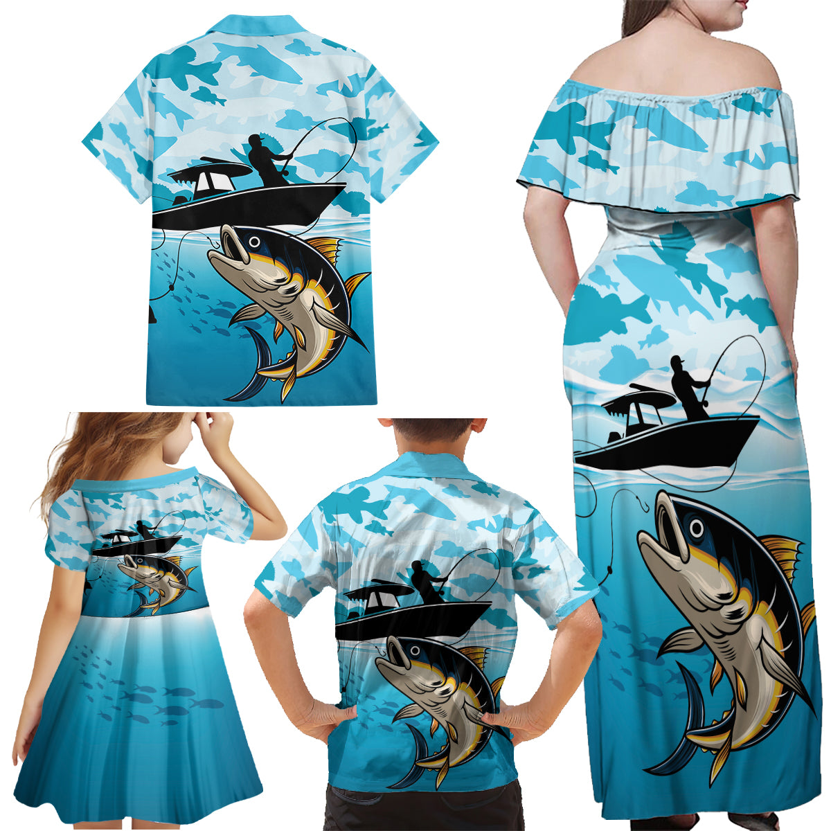 Tuna Fishing Family Matching Off Shoulder Maxi Dress and Hawaiian Shirt Fish Camouflage Pattern - Wonder Print Shop
