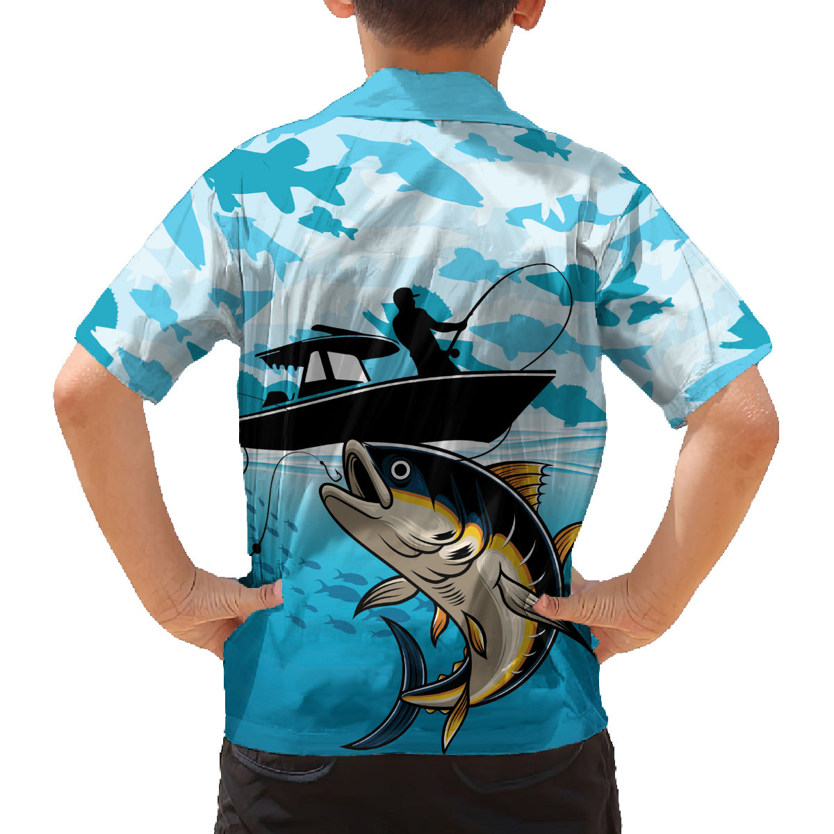 Tuna Fishing Family Matching Off Shoulder Short Dress and Hawaiian Shirt Fish Camouflage Pattern - Wonder Print Shop