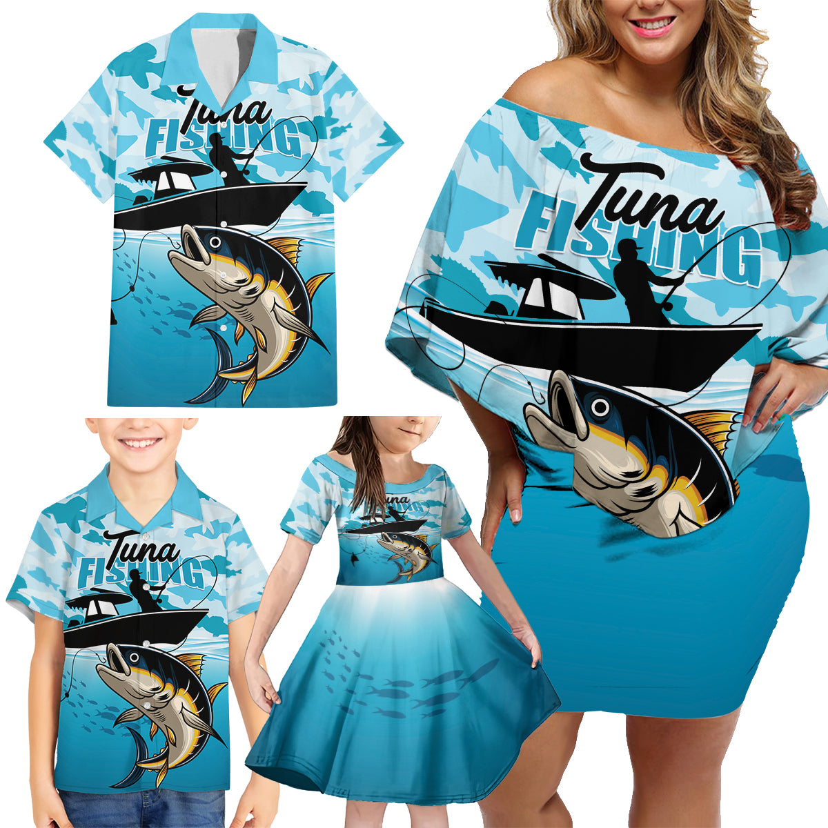 Tuna Fishing Family Matching Off Shoulder Short Dress and Hawaiian Shirt Fish Camouflage Pattern - Wonder Print Shop
