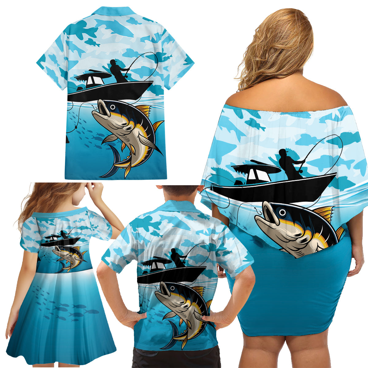 Tuna Fishing Family Matching Off Shoulder Short Dress and Hawaiian Shirt Fish Camouflage Pattern - Wonder Print Shop