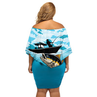 Tuna Fishing Family Matching Off Shoulder Short Dress and Hawaiian Shirt Fish Camouflage Pattern - Wonder Print Shop