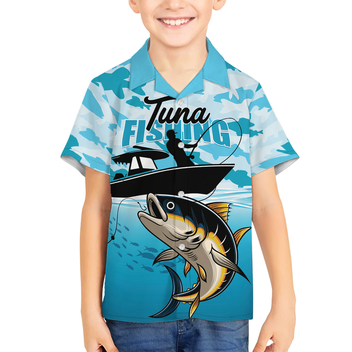 Tuna Fishing Family Matching Off Shoulder Short Dress and Hawaiian Shirt Fish Camouflage Pattern - Wonder Print Shop