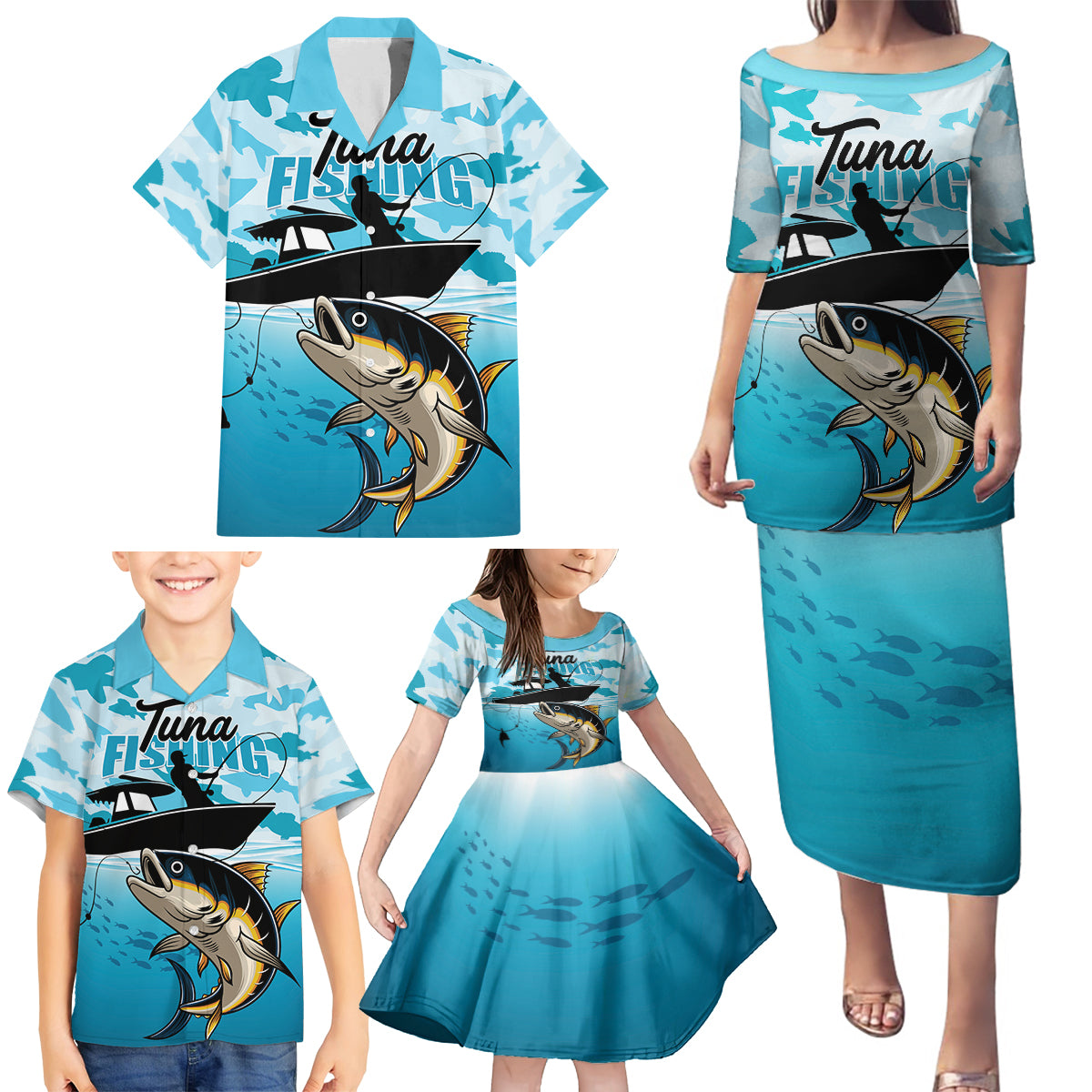 Tuna Fishing Family Matching Puletasi and Hawaiian Shirt Fish Camouflage Pattern - Wonder Print Shop