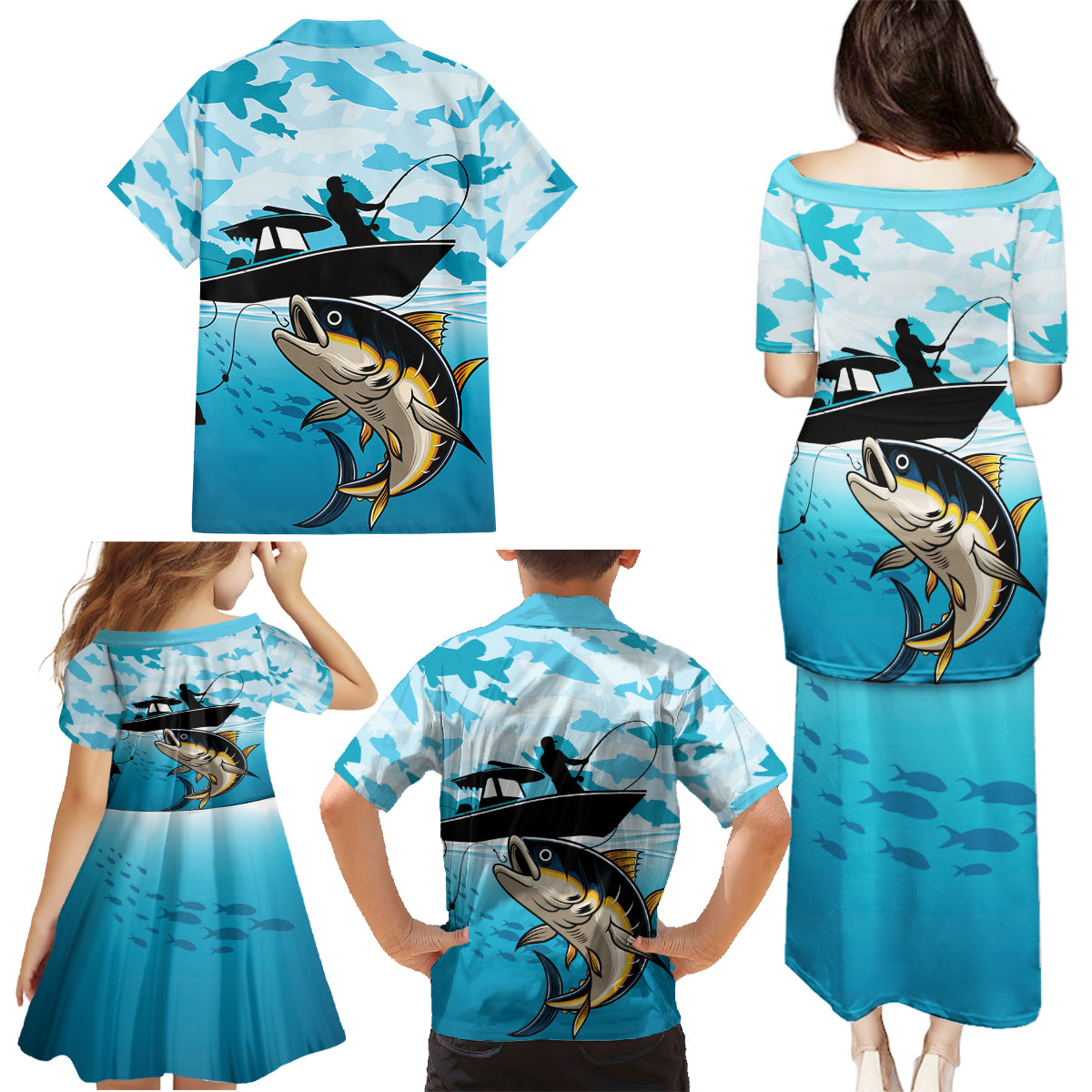 Tuna Fishing Family Matching Puletasi and Hawaiian Shirt Fish Camouflage Pattern - Wonder Print Shop