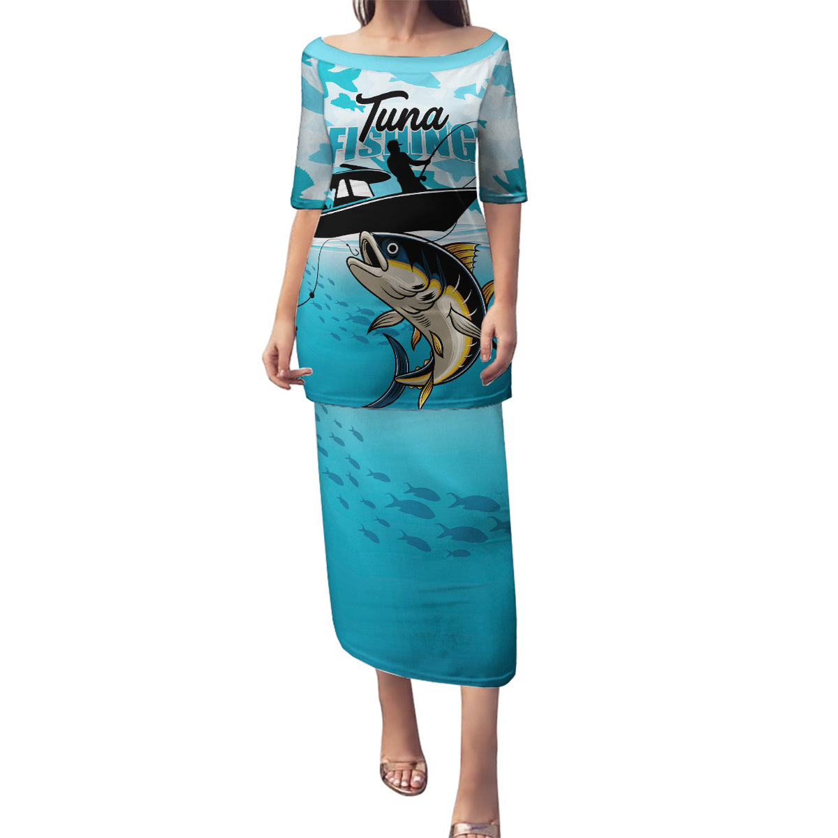 Tuna Fishing Family Matching Puletasi and Hawaiian Shirt Fish Camouflage Pattern - Wonder Print Shop