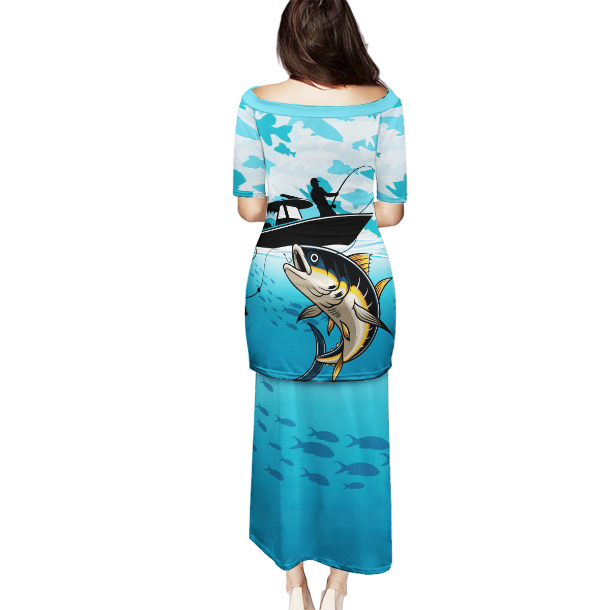 Tuna Fishing Family Matching Puletasi and Hawaiian Shirt Fish Camouflage Pattern - Wonder Print Shop