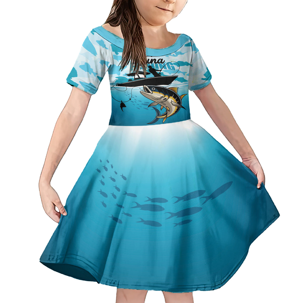 Tuna Fishing Family Matching Short Sleeve Bodycon Dress and Hawaiian Shirt Fish Camouflage Pattern - Wonder Print Shop