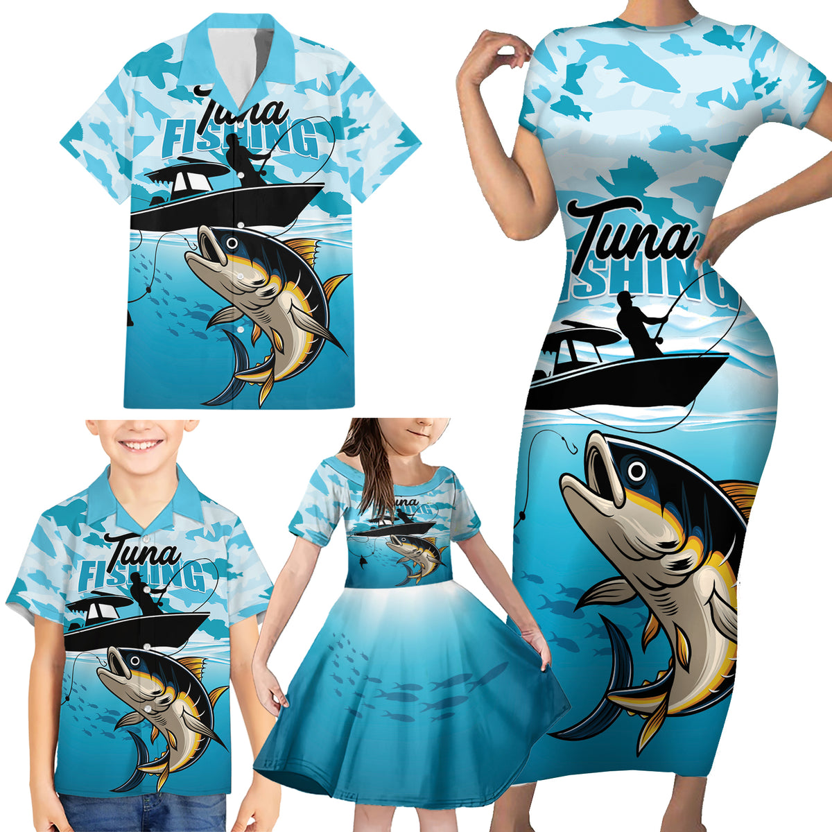 Tuna Fishing Family Matching Short Sleeve Bodycon Dress and Hawaiian Shirt Fish Camouflage Pattern - Wonder Print Shop