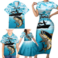 Tuna Fishing Family Matching Short Sleeve Bodycon Dress and Hawaiian Shirt Fish Camouflage Pattern - Wonder Print Shop