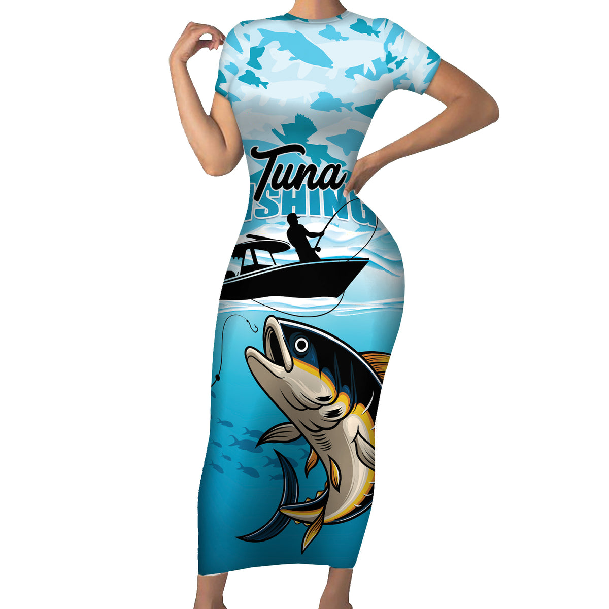 Tuna Fishing Family Matching Short Sleeve Bodycon Dress and Hawaiian Shirt Fish Camouflage Pattern - Wonder Print Shop