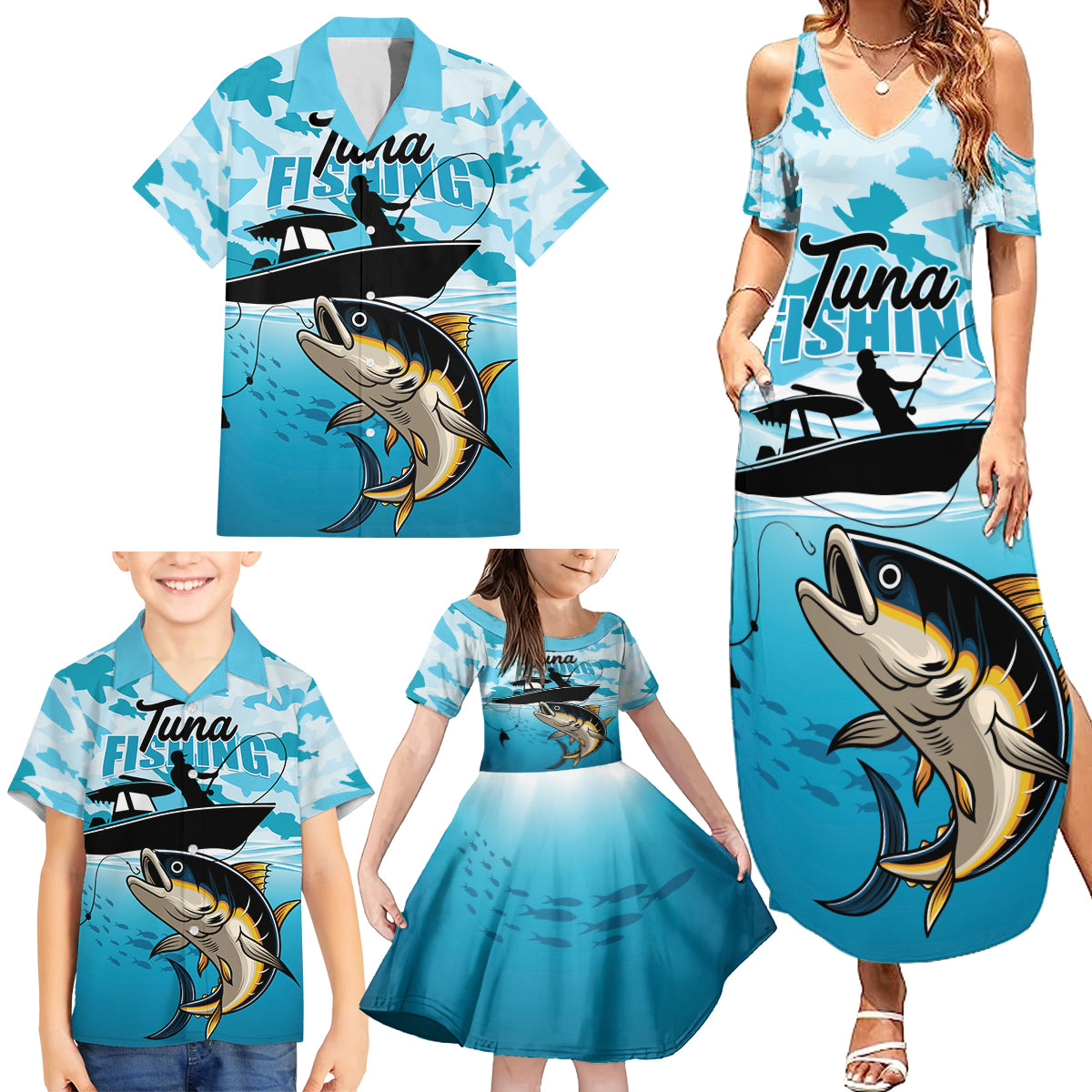 Tuna Fishing Family Matching Summer Maxi Dress and Hawaiian Shirt Fish Camouflage Pattern - Wonder Print Shop