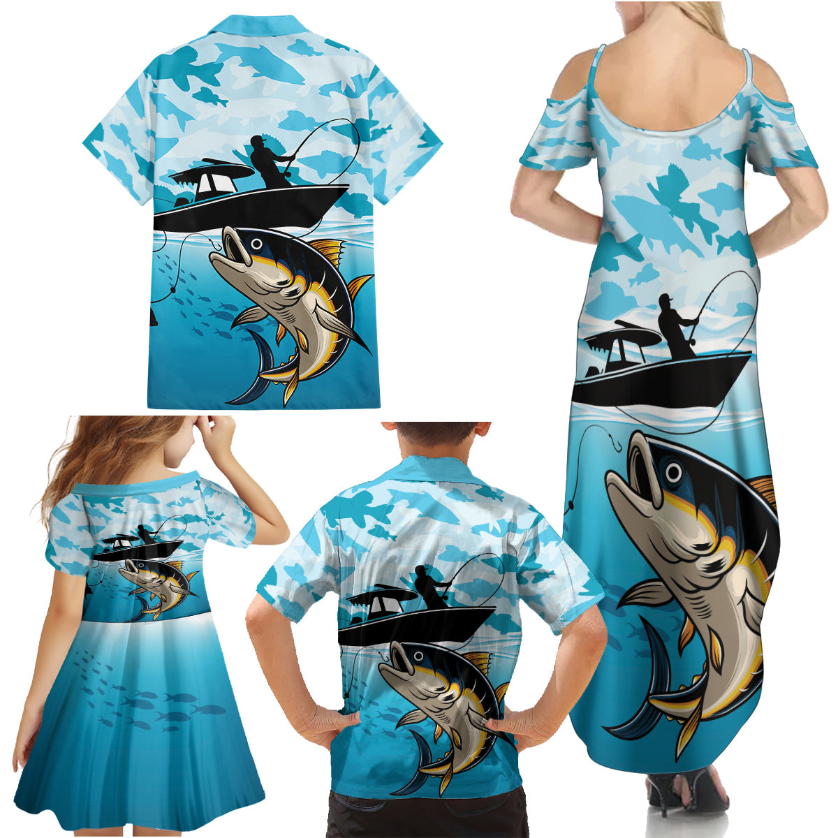 Tuna Fishing Family Matching Summer Maxi Dress and Hawaiian Shirt Fish Camouflage Pattern - Wonder Print Shop