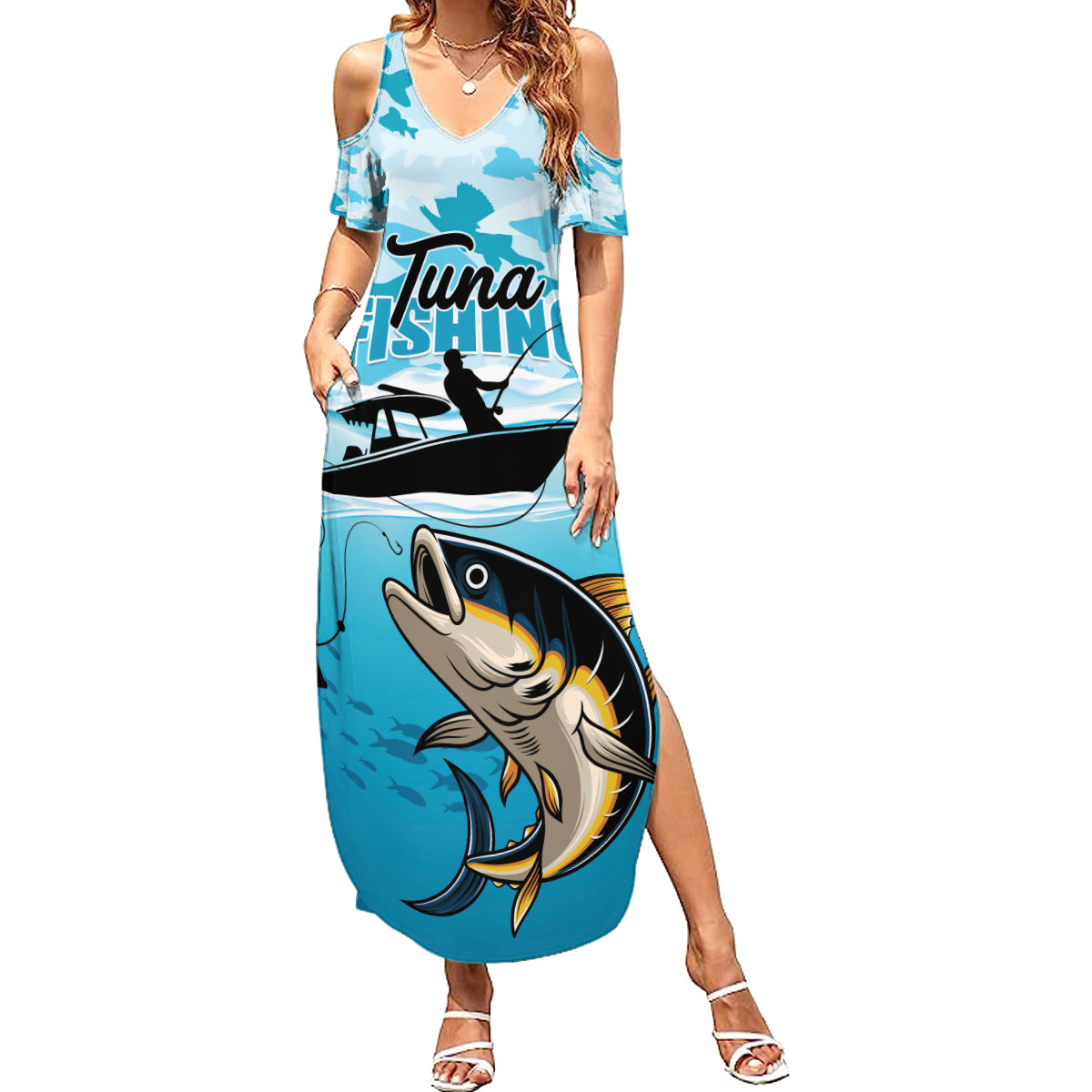 Tuna Fishing Family Matching Summer Maxi Dress and Hawaiian Shirt Fish Camouflage Pattern - Wonder Print Shop