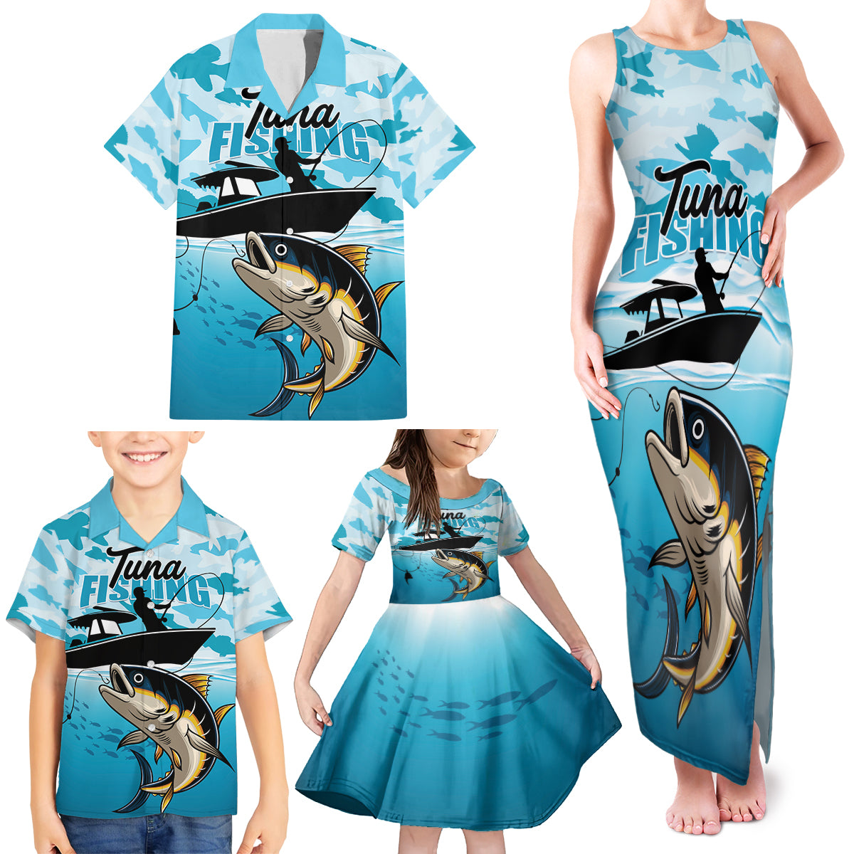 Tuna Fishing Family Matching Tank Maxi Dress and Hawaiian Shirt Fish Camouflage Pattern - Wonder Print Shop